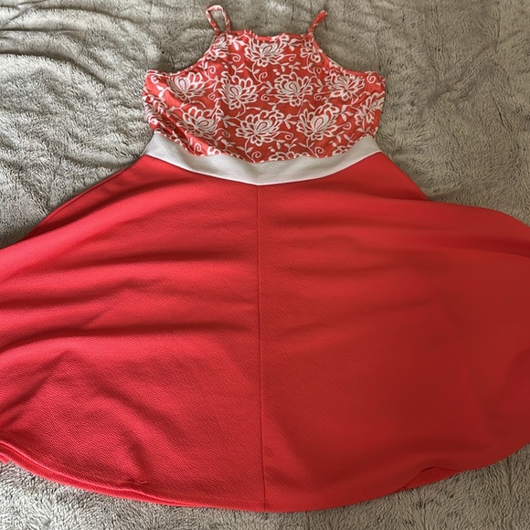 Floral sundress L coral white textured poly stretch full skirt color block Nina - Picture 5 of 7